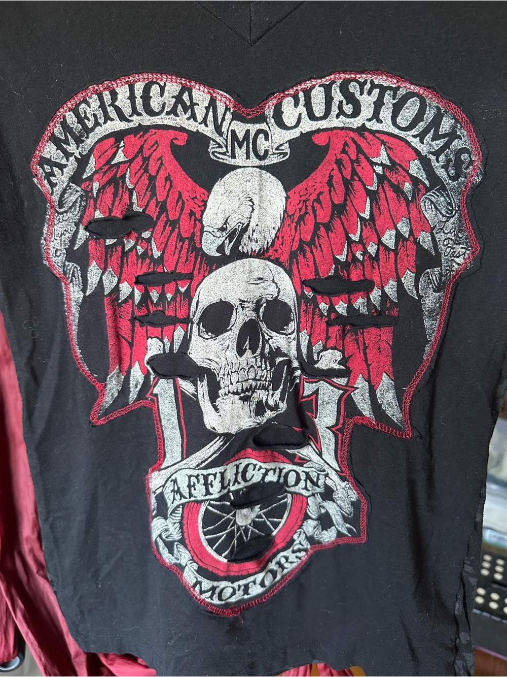 Affliction Black Red Graphic V-Neck Tee - American Customs Skull & Wings
